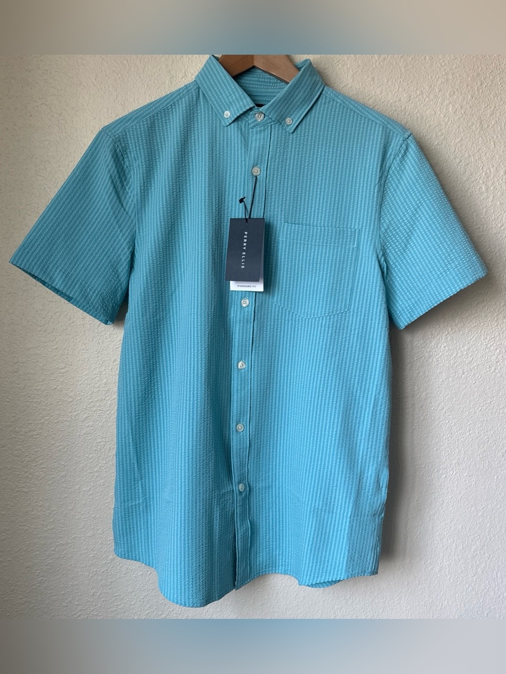 Perry Ellis Teal Short-Sleeve Button-Down Shirt